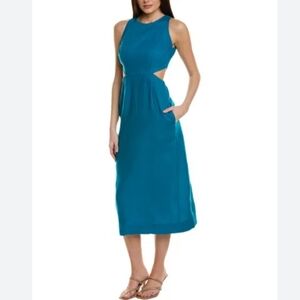 Boden Womens 10R 100% Linen Sleeveless Dress Midi Waist Cutouts Teal